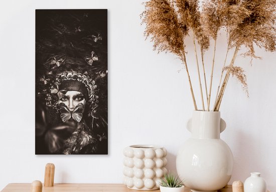 Toile Peinture Femme - Papillon - Zwart - Wit - 20x40 cm - Décoration murale
