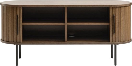Olivine Lenn TV Meubel Gerookt Eiken - Hout - met Schuifdeuren - TV kast - Verstelbare Planken - Ovaal - Japandi - Donkerbruin - 120 x 40 x 56 cm