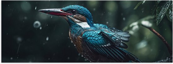 Poster Glanzend – Blauw - Witte Vogel in de Regen - 60x20 cm Foto op Posterpapier met Glanzende Afwerking