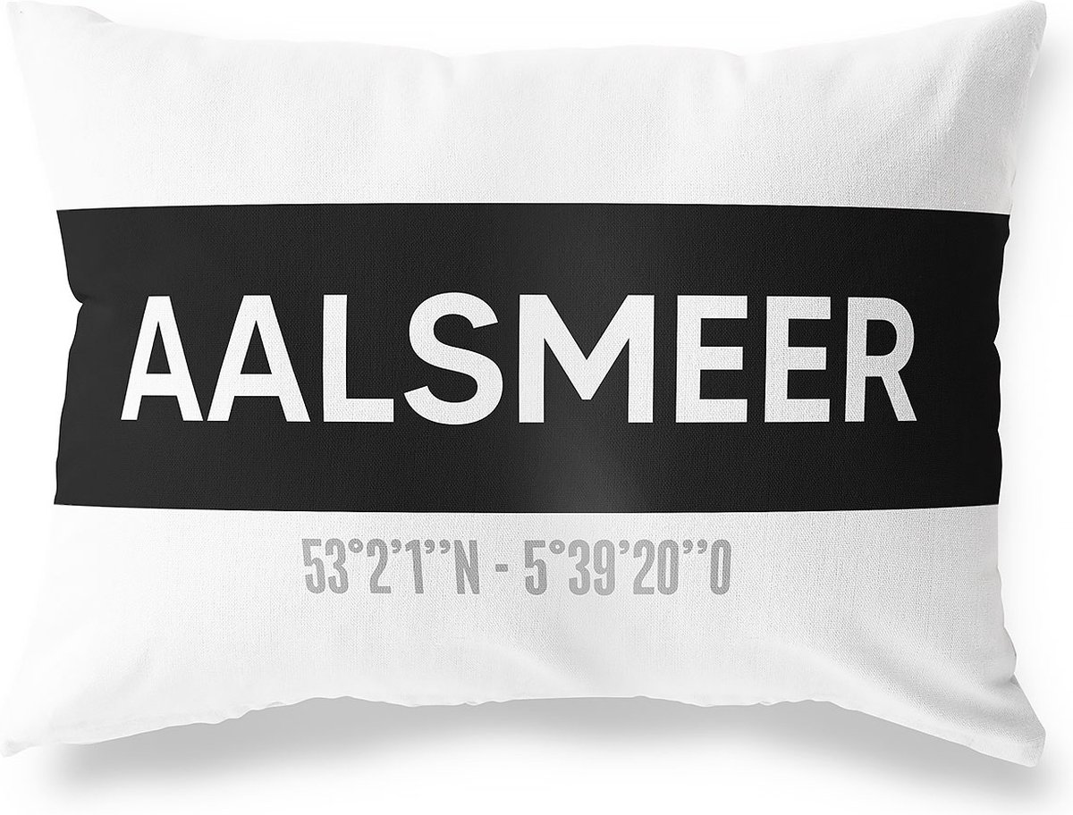 Tuinkussen AALSMEER - NOORD-HOLLAND met coördinaten - Buitenkussen - Bootkussen - Weerbestendig - Jouw Plaats - Studio216 - Modern - Zwart-Wit - 50x30cm