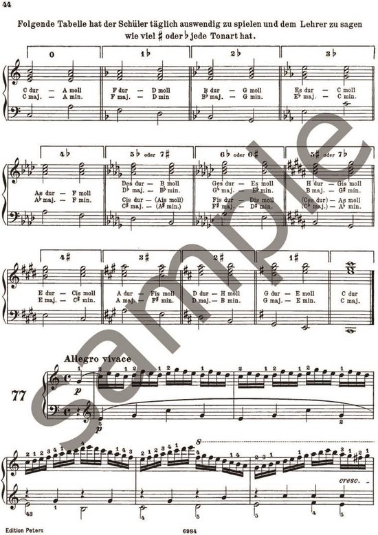 Muziekblad met een tabel met akkoorden en muzieknotatie, genummerd 44.