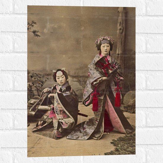Muursticker - Kunst van Twee Vrouwen Chineze Klederdracht - 40x60 cm Foto op Muursticker