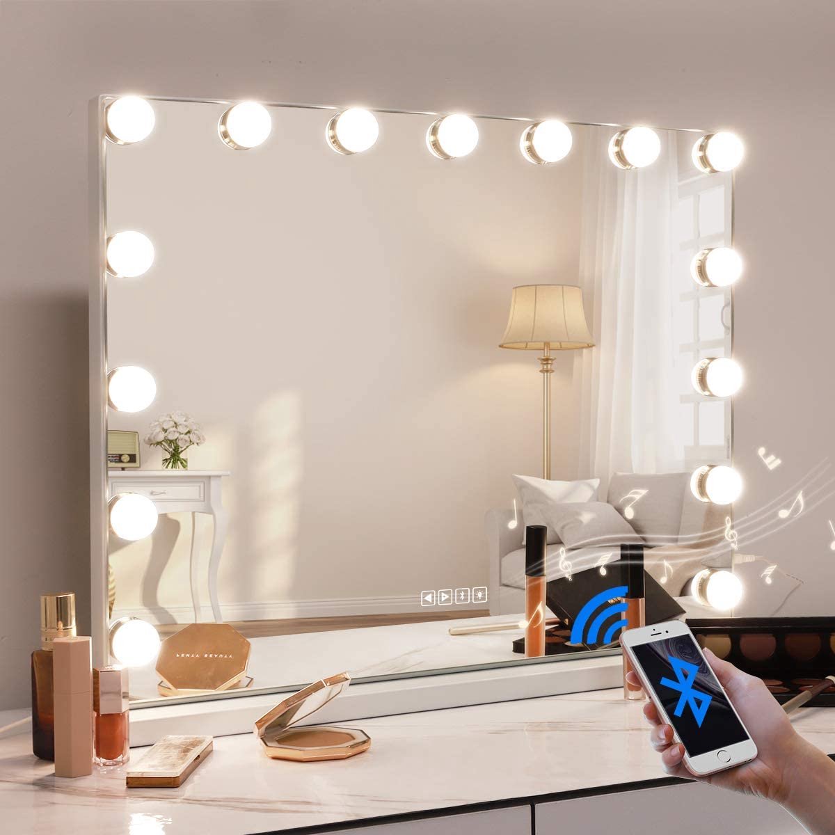 Keonjinn Grand miroir de courtoisie avec lumières - Miroir de courtoisie  Hollywood avec 18 ampoules LED remplaçables - 3 couleurs - Miroir de