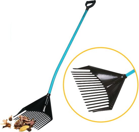 Zwarte hark met lichtblauwe steel, met een detailweergave van de tanden.