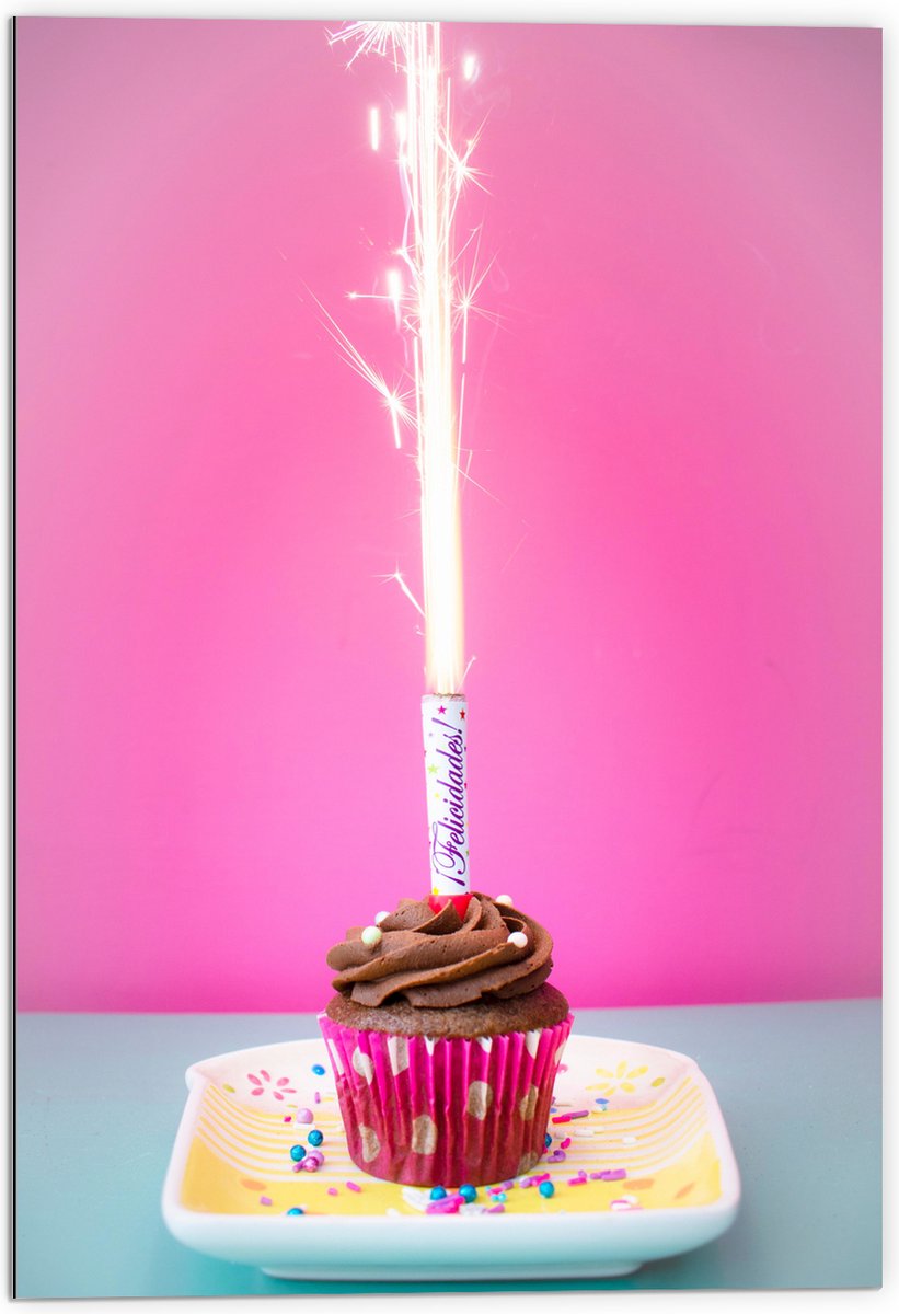Dibond - Verjaardagscupcake met Chocolade Topping en Fontein - 70x105 cm Foto op Aluminium