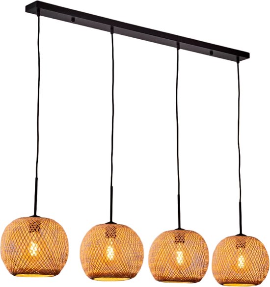 MANDEE.NL - Lampe suspendue rectangulaire en Bamboe Pelle 4 sources lumineuses - Scandinave, Bohème - Suspensions Salle à manger, Chambre, Salon