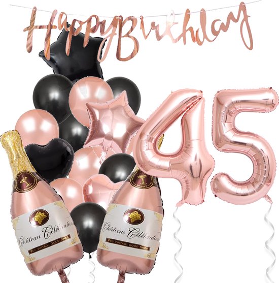 45 Jaar Verjaardag Cijferballon 45 - Feestpakket Snoes Ballonnen Pop The Bottles - Rose Zwart Versiering