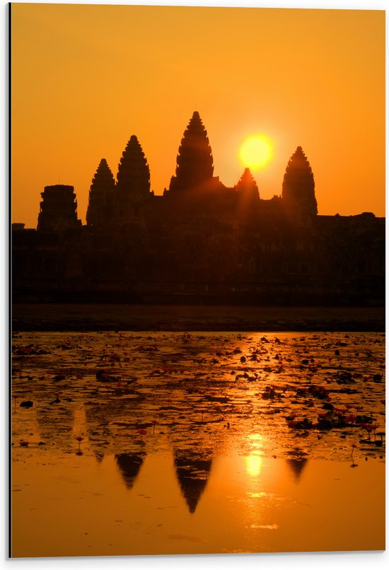 Dibond - Silhouet van Angkor Wat Tempel in Siem Reap, Cambodja - 40x60 cm Foto op Aluminium (Met Ophangsysteem)