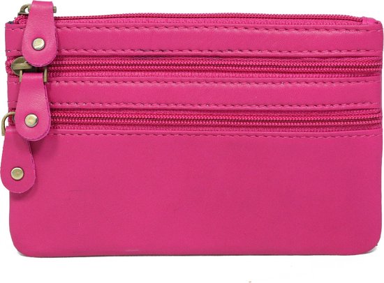 SIP1018 - Mini portemonnee met ritsen - fuchsia - roze leren beursje - 3 vakken - 14 x 9 cm - STUDIO Ivana