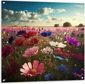 Tuinposter – Schapenwolken boven Veld Vol met Bloemen in Verschillende Kleuren - 100x100 cm Foto op Tuinposter (wanddecoratie voor buiten en binnen)