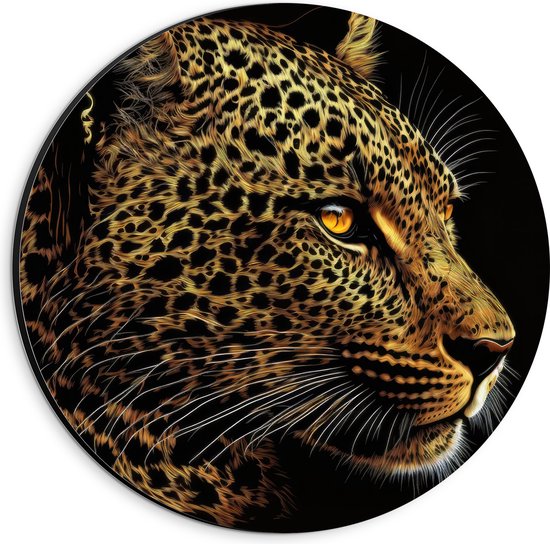 Dibond Muurcirkel - Schilderij van Opzijkijkende Prachtige Luipaard met Vurige Ogen - 20x20 cm Foto op Aluminium Muurcirkel (met ophangsysteem)