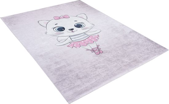 Tapis rose avec un chaton ballerine blanc, un nœud rose et un tutu.