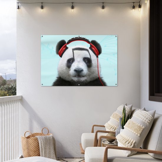 Affiche jardin - Toile jardin - Posters de jardin extérieur - Panda - Casque - Animal - Notes de musique - Rouge - 120x80 cm - Jardin