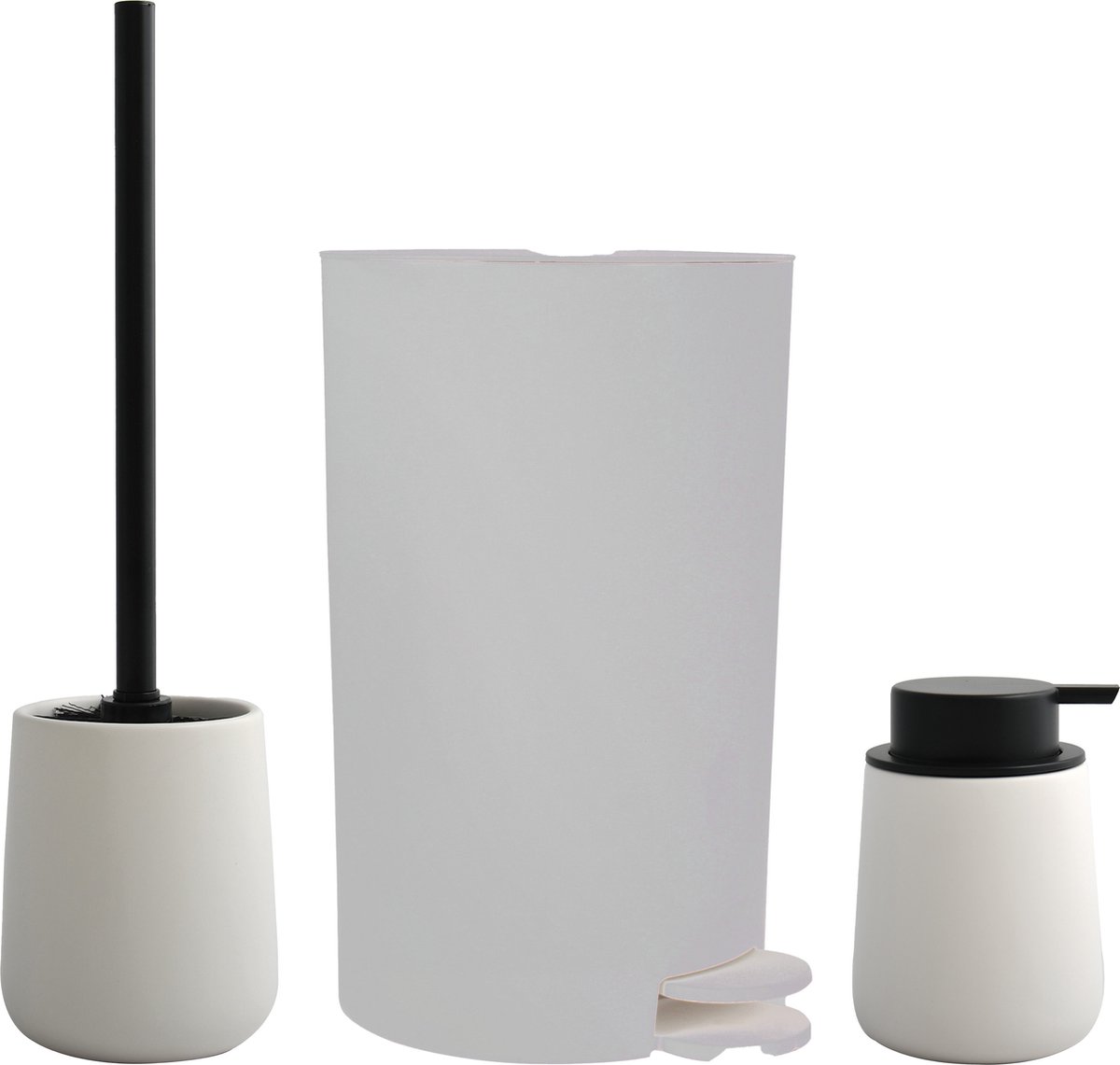 MSV Toiletborstel in houder/zeeppompje/pedaalemmer - badkamer set Malmo - keramiek - wit