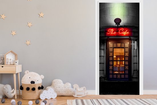 Deurposter 85x205 cm - Deursticker Deur - Café - Rood - Architectuur - Neonlicht - Meubelfolie zelfklevend - Deurfolie woonkamer - Interieurfolie fotobehang - Deur plakfolie - Deurstickers - Deurbehang sticker - Kamer decoratie