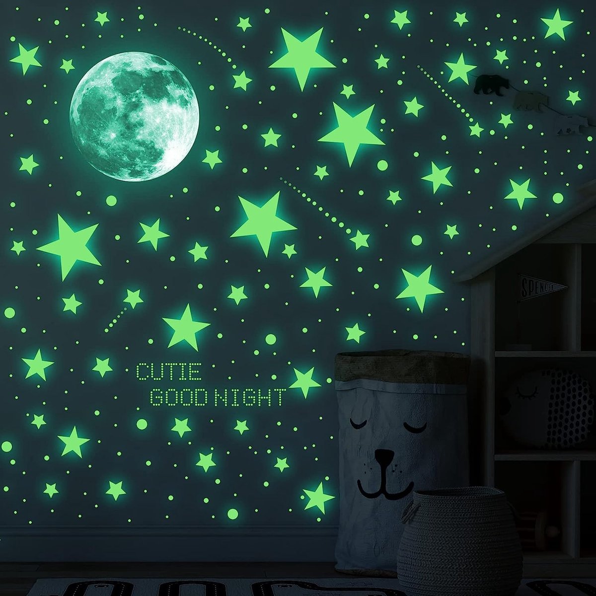 Stickers Muraux Fluorescent Enfants, Lune Étoiles Lapins et Ballons Etoiles  Phosphorescentes Plafond Mural Lumineux Autocollants pour