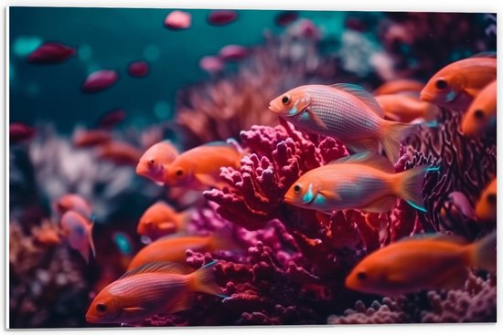 PVC Schuimplaat - Groep oranje vissen zwemmen door een roze koraal heen - 60x40 cm Foto op PVC Schuimplaat (Met Ophangsysteem)