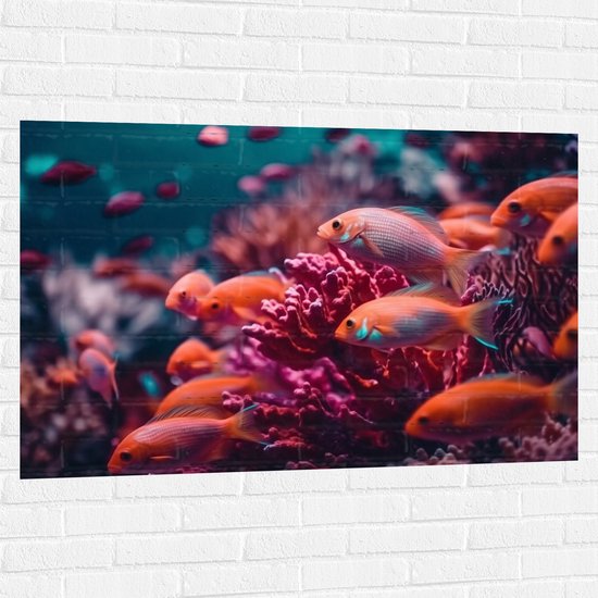 Muursticker - Groep oranje vissen zwemmen door een roze koraal heen - 120x80 cm Foto op Muursticker