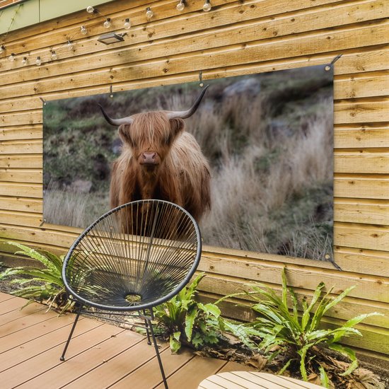 Décoration murale d'extérieur Scottish Highlander - Mousse - Herbe - 160x80 cm - Toile de jardin - Poster extérieur