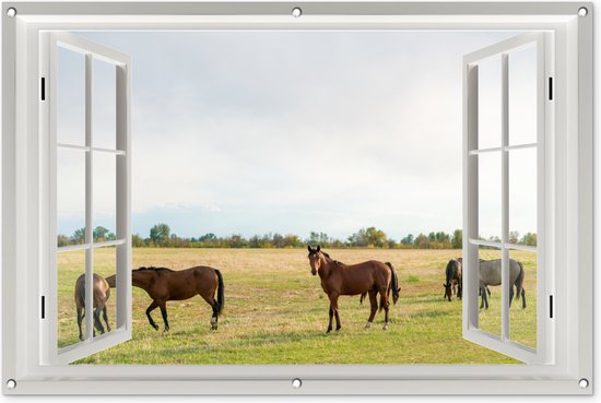 Tuinposter Doorkijk - Paarden - Gras - 120x80 cm - Tuindoek - Buitenposter