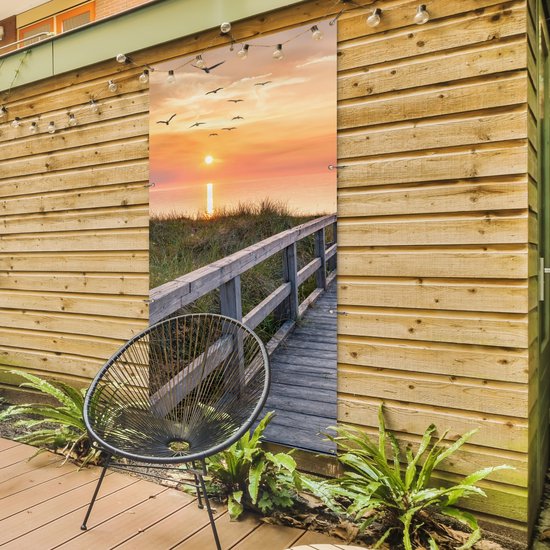 Affiche clôture Coucher de soleil - Mer - Chemin - Herbe - Dune - Vogels - 100x200 cm - Toile jardin