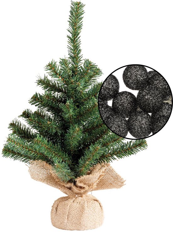 Mini kunst kerstboom groen - met lichtslinger bollen zwart - H45 cm