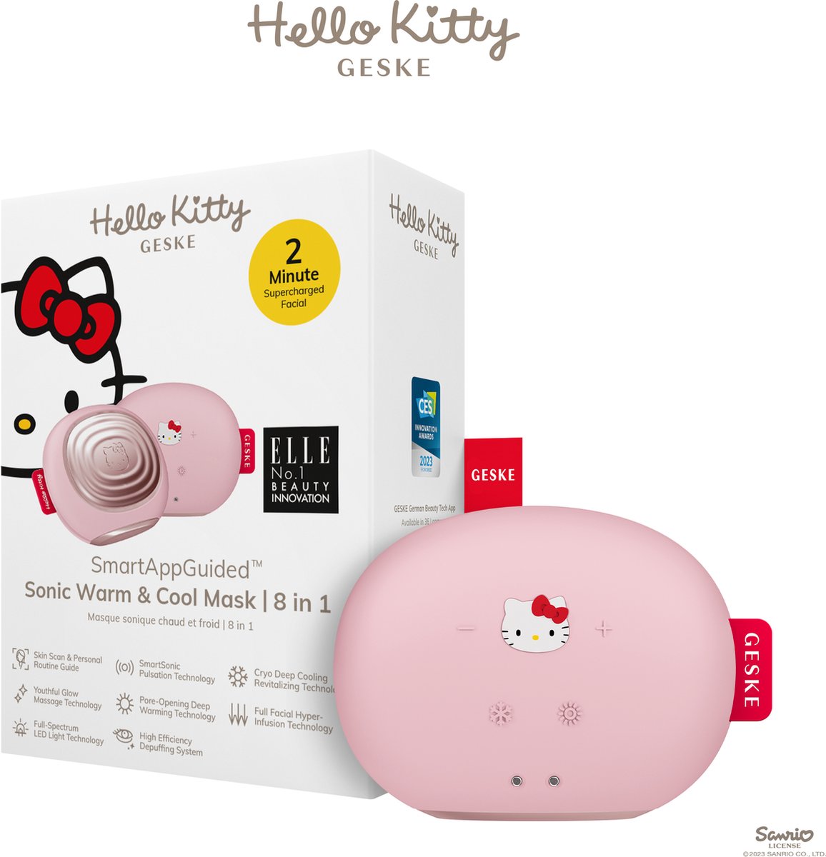 GESKE x Hello Kitty | SmartAppGuided™ Sonic Warm & Cool Mask | 8 in 1 | Beauty LED-gezichtsmasker | Roodlichttherapie | Warmte | Koeling | Betere gezichtsverzorging | Gezichtsmassager