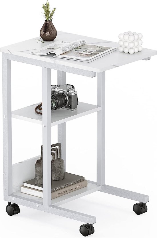 HOOBRO Bijzettafel Met Oplaadstation - C-vorm, Donkerbruin/Zwart, Wielen, 60x30x73cm