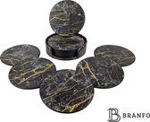 Branfo - Luxe Kunstleren Onderzetters voor glazen - marmer look - Onderzetter Set van 6 stuks - Stijlvolle Houder - Zwart Goud Grijs