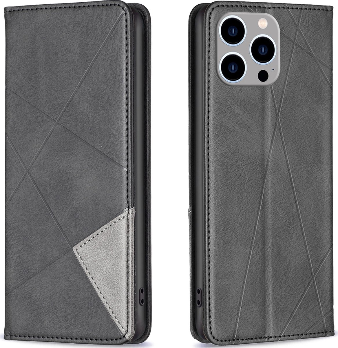 Mobigear Telefoonhoesje geschikt voor Apple iPhone 15 Pro Max Hoesje | Mobigear Rhombus Slim Bookcase | Pasjeshouder voor 2 Pasjes | Telefoonhoesje voor Pinpas / OV Kaart / Rijbewijs - Zwart