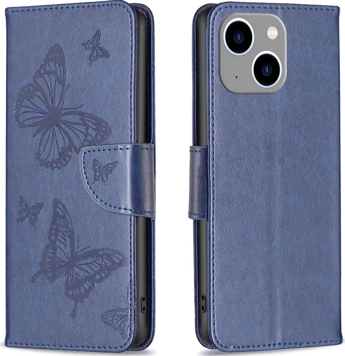 Mobigear Telefoonhoesje geschikt voor Apple iPhone 15 Plus Hoesje | Mobigear Butterfly Bookcase Portemonnee | Pasjeshouder voor 3 Pasjes | Telefoonhoesje voor Pinpas / OV Kaart / Rijbewijs - Blauw