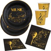 Muziek feest wegwerp servies set - 20x bordjes / 20x bekers / 20x servetten - goud/zwart