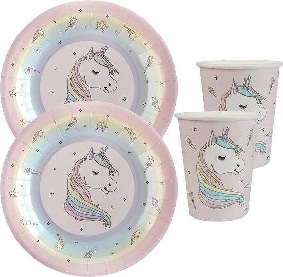 Eenhoorn feest wegwerp servies set - 10x bordjes / 10x bekers - roze