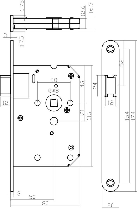 Technische tekening met afmetingen van een Intersteel deurslot.
