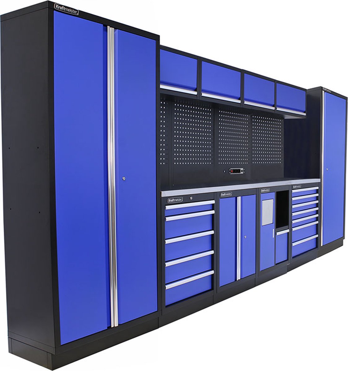 Kraftmeister werkplaatsinrichting - Werkbank met 4 wandkasten, 2 werkplaatskasten, 1 opbergkast, 1 prullenbak en RVS werkblad - Werktafel met 12 laden en gereedschapswand - Complete set voor werkplaats of garage - Blauw