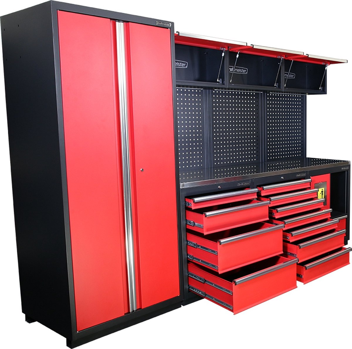 Kraftmeister werkplaatsinrichting - Werkbank met 3 wandkasten, 1 werkplaatskast, 1 prullenbak en RVS werkblad - Werktafel met 11 laden en gereedschapswand - Complete set voor werkplaats of garage - Rood