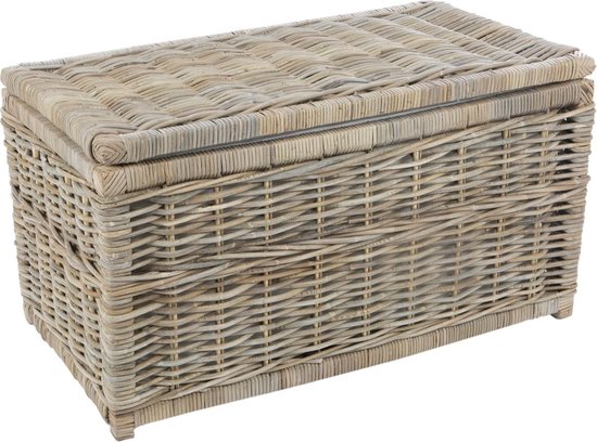 Coffre de rangement gris en rotin avec couvercle, texture tressée, 110x60x60 cm.
