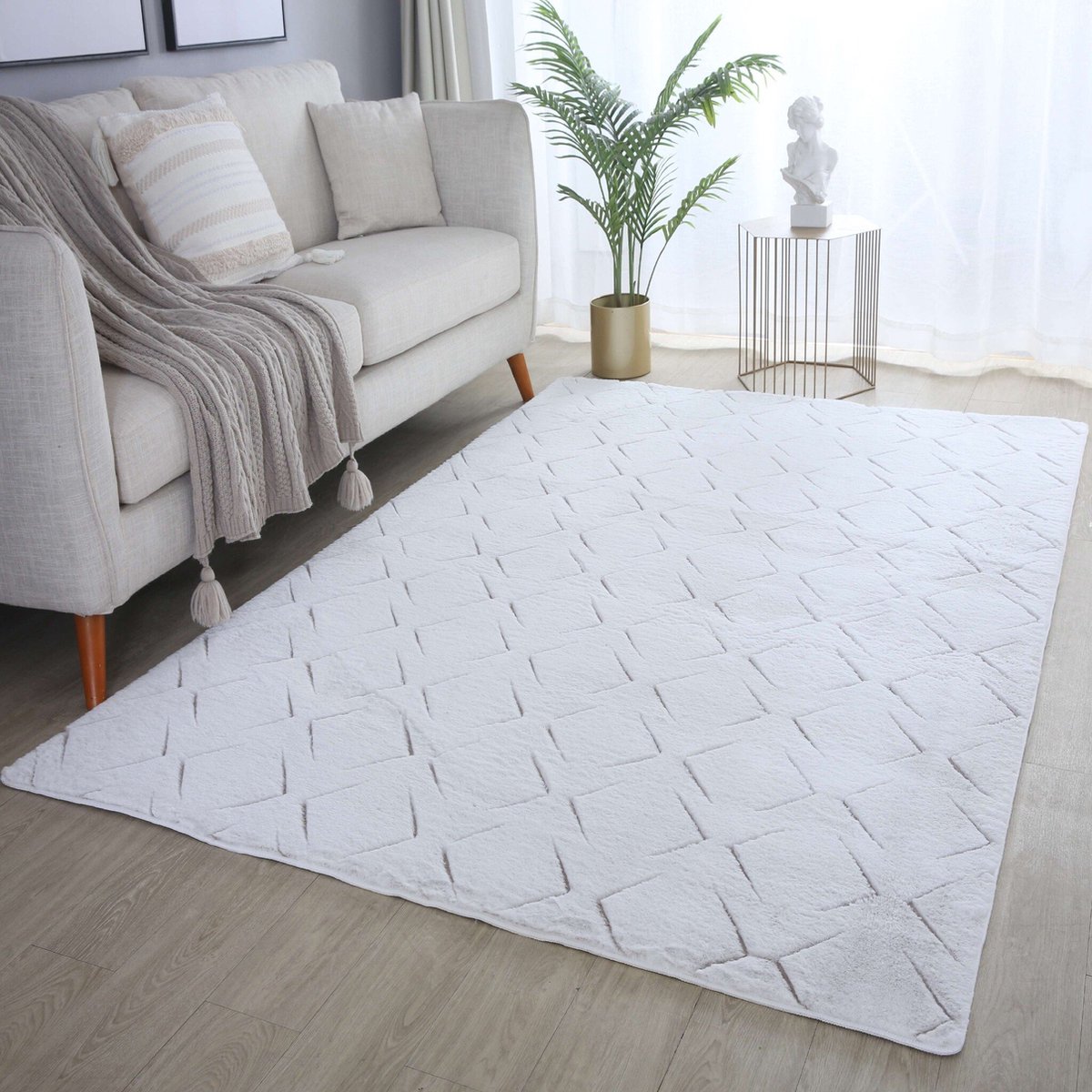 flycarpets Nonia Hoogpolig Fluffy 3D Design Geruit Vloerkleed - Beige - 80x250 cm