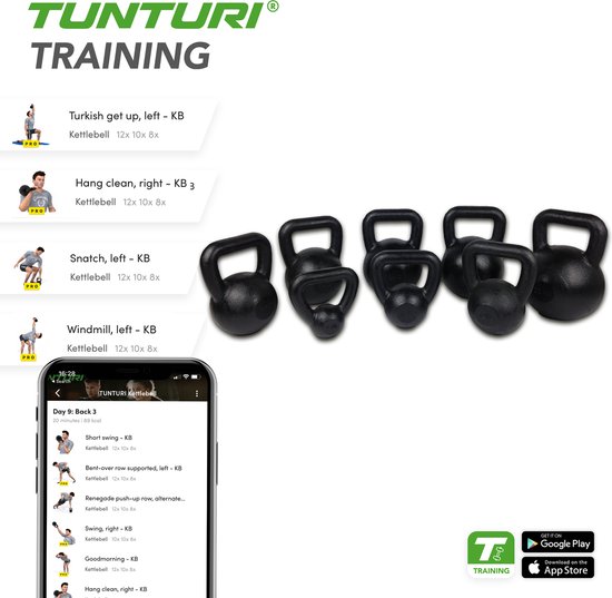 Tunturi Kettlebell - 12 kg - Zwart - Incl. gratis fitness app