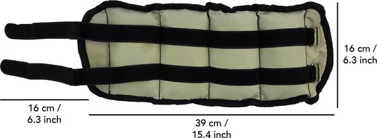 Afmetingen van een grijs enkel- of polsgewicht met zwarte banden.