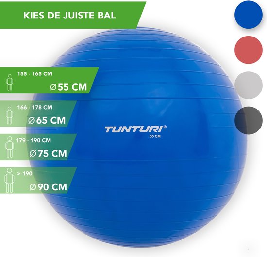 Blauwe Tunturi fitnessbal met maataanduidingen en kleuropties.