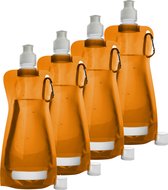 Waterfles/drinkfles/sportbidon opvouwbaar - 10x - oranje - kunststof - 420 ml - schroefdop - karabijnhaak