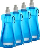 Waterfles/drinkfles/sportbidon opvouwbaar - 10x - lichtblauw - kunststof - 420 ml - schroefdop - karabijnhaak