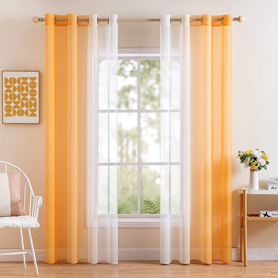 Set van 2 voile-gordijnen, tweekleurig gordijn met oogjes, transparant gordijn met inslagringen, raamgordijn, lichtdoorlatend, voor slaapkamer, 140 x 175 cm, oranje