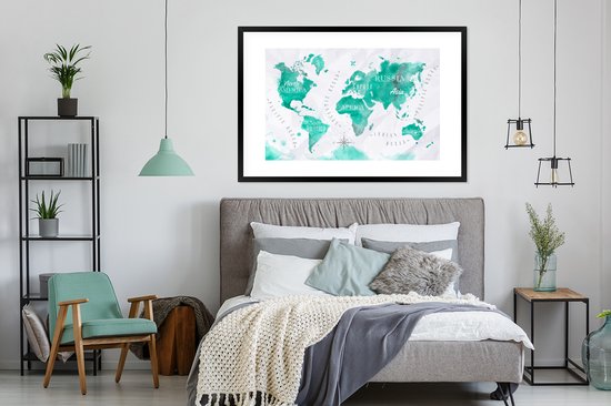 Poster in lijst - Fotolijst 120x80 cm - Posters - Wereldkaart - Schilderij - Waterverf - Posterlijst zwart - Decoratie - Wanddecoratie woonkamer - Muurdecoratie slaapkamer