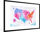 Fotolijst incl. Poster - Amerika - Wereldkaart - Waterverf - 90x60 cm - Posterlijst