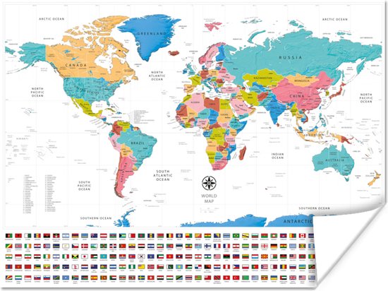 Poster - Wereldkaart - Kleuren - Vlag - 40x30 cm
