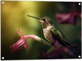 Tuinposter – Kolibrie op Groene Tak van Roze Lelie Bloem - 80x60 cm Foto op Tuinposter (wanddecoratie voor buiten en binnen)