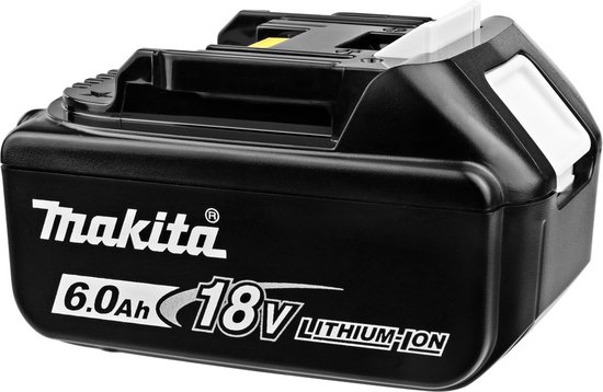 Zwart Makita 18V 6.0Ah lithium-ion accu met gele en witte ontgrendelingsknoppen.