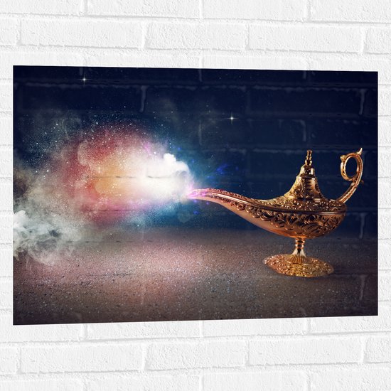 Muursticker - Magische Gouden Lamp met Kleurrijke Rook - 80x60 cm Foto op Muursticker